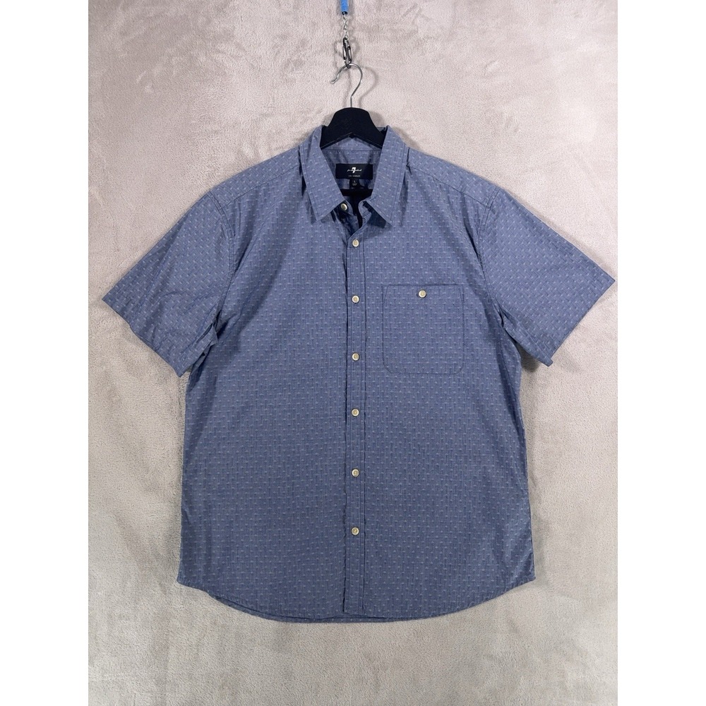 7 For All Mankind Button Down Shirt Mens Large Blue Micro Print Short Sleeve